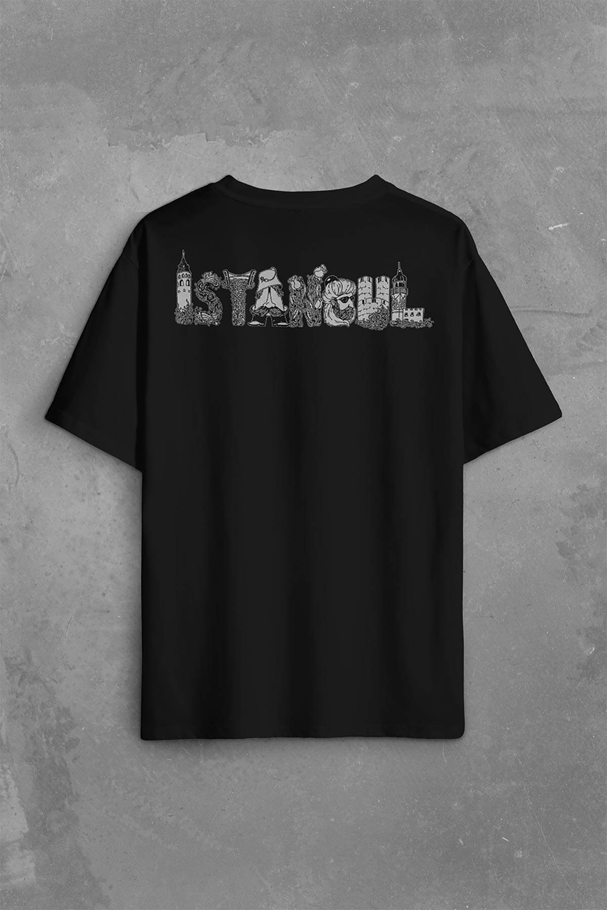 Tarihi İstanbul Silüet Tasarım Osmanlı Sırt Ön Baskılı Oversize Tişört Unisex T-Shirt - 2