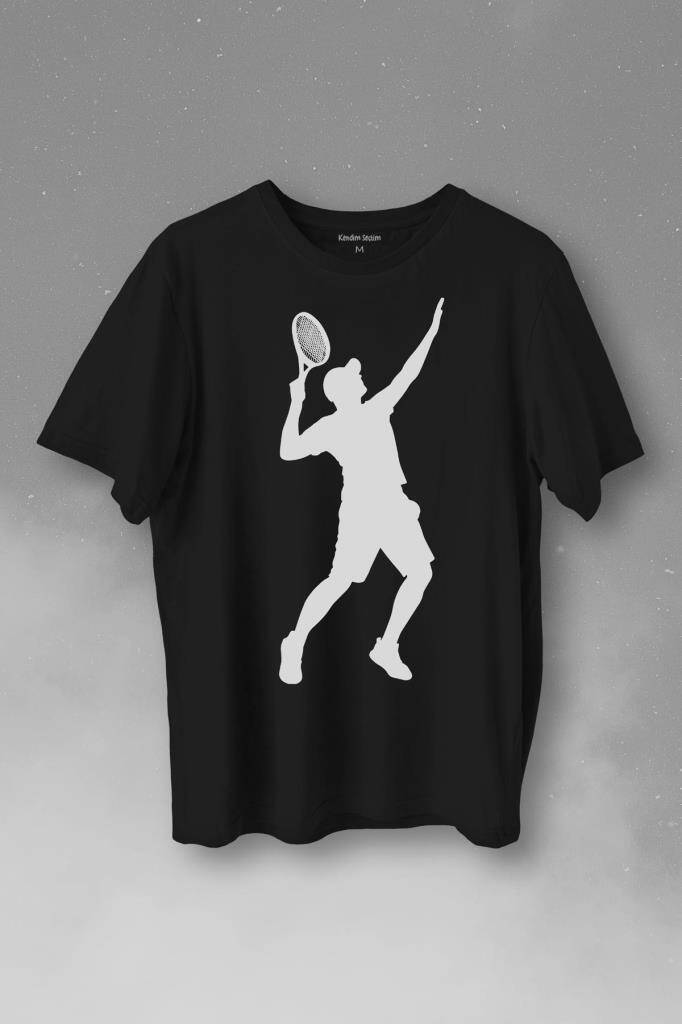 Tennis Player Tenis Raket Oyuncusu Silüet Baskılı Tişört Unisex T-Shirt - 1