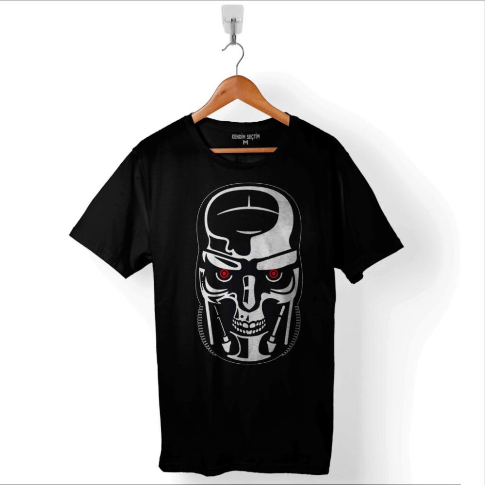 Termınator Genesys Robot Skull Face Machine Baskılı Tişört Unisex T-Shirt - 1