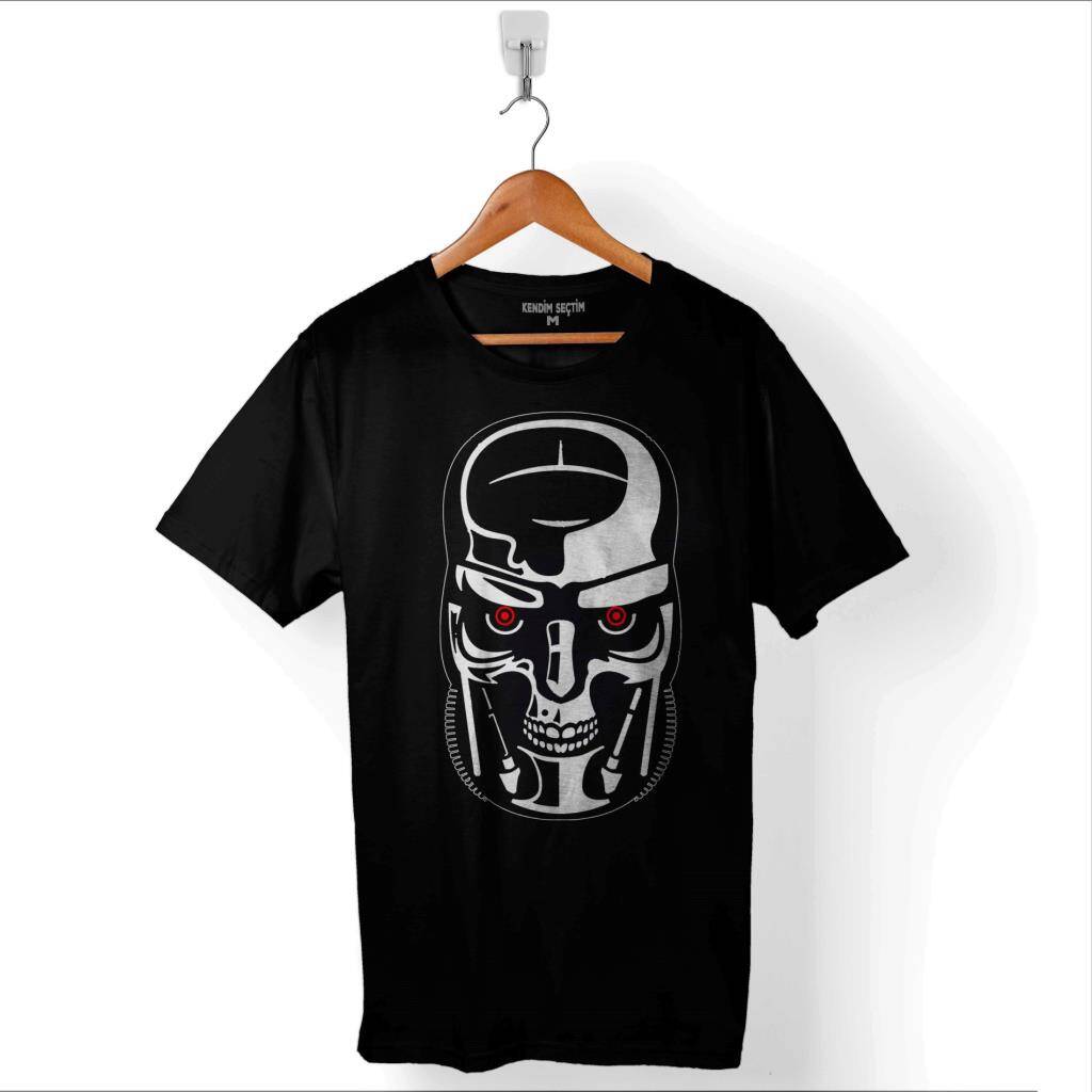 Termınator Genesys Robot Skull Face Machine Baskılı Tişört Unisex T-Shirt - 1