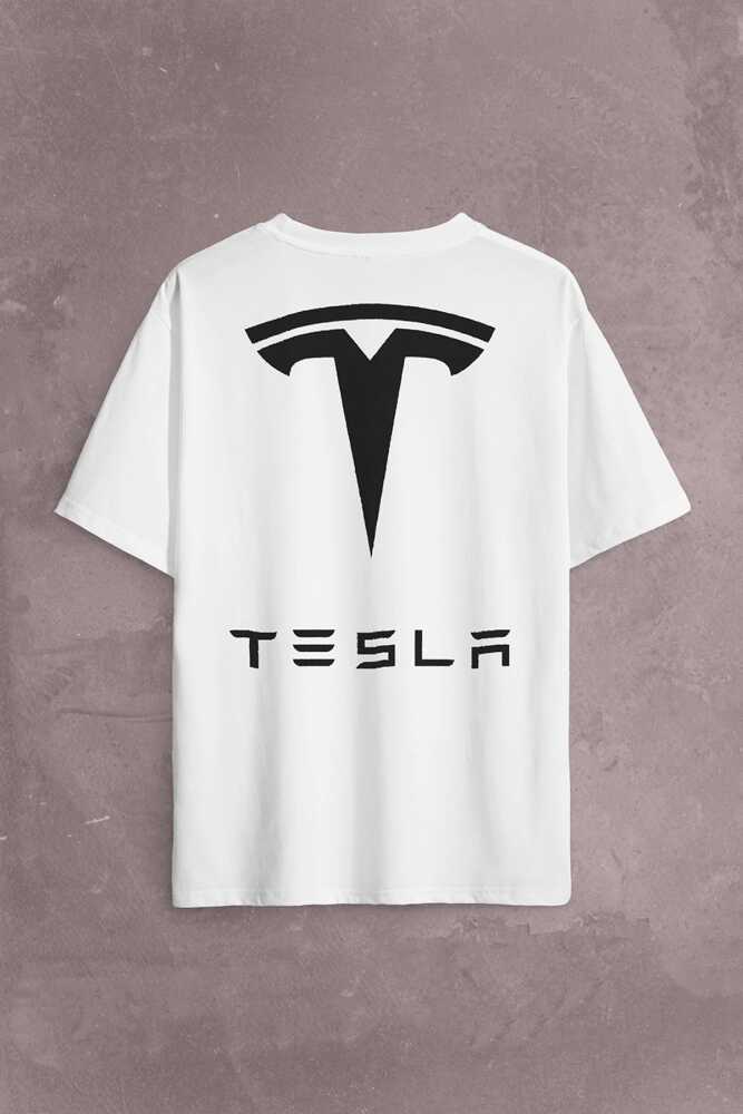 Tesla Motors Nikola Tesla Logo Elon Musk Sırt Ön Baskılı Oversize Tişört Unisex T-Shirt (1)