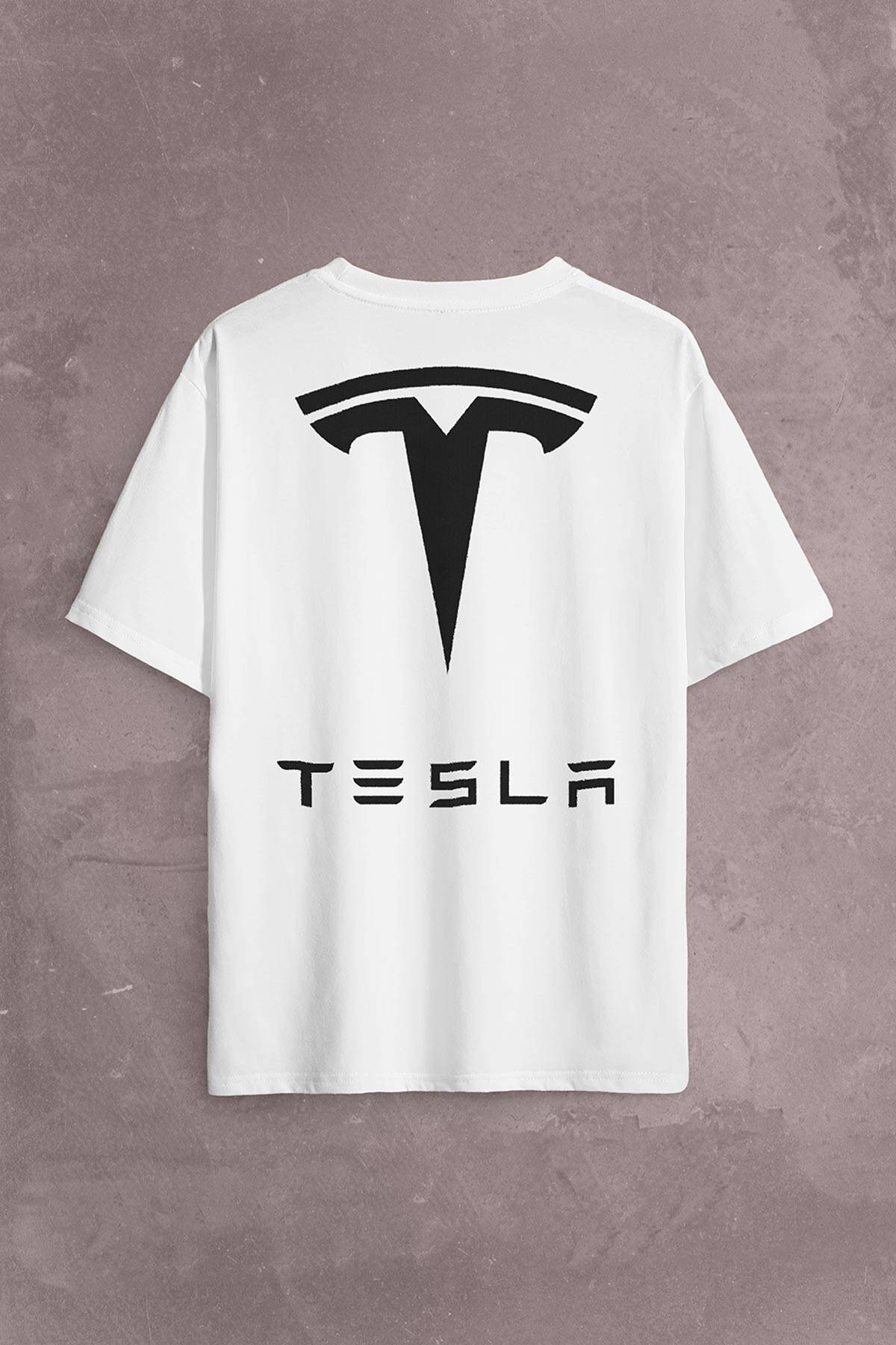 Tesla Motors Nikola Tesla Logo Elon Musk Sırt Ön Baskılı Oversize Tişört Unisex T-Shirt (1)