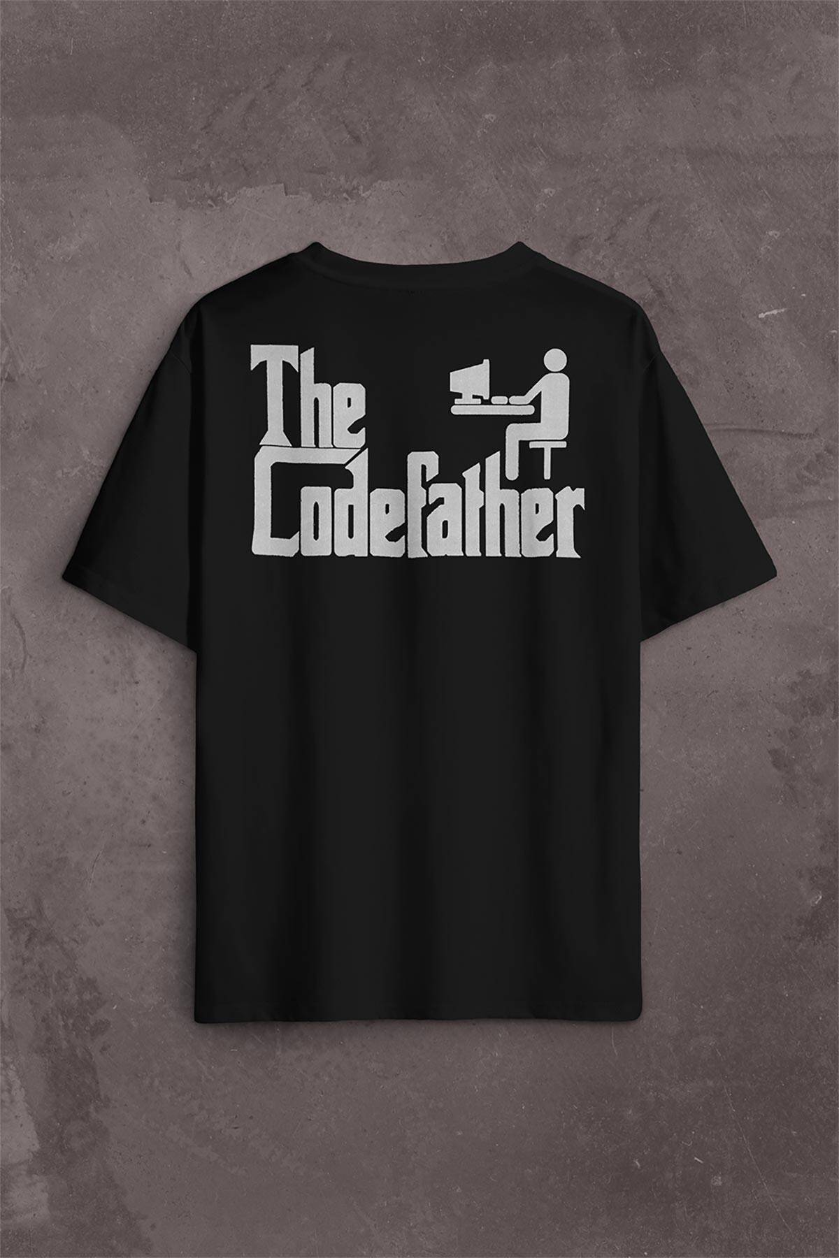The Codefather Godfather Bilgisayar Code Korsan Hacker Yazılımcı Sırt Ön Baskılı Oversize Tişört Unisex T-Shirt