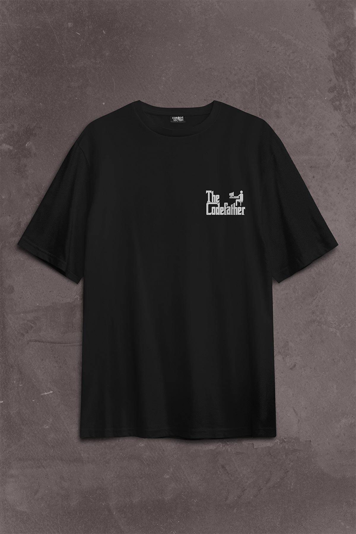 The Codefather Godfather Bilgisayar Code Korsan Hacker Yazılımcı Sırt Ön Baskılı Oversize Tişört Unisex T-Shirt (1)