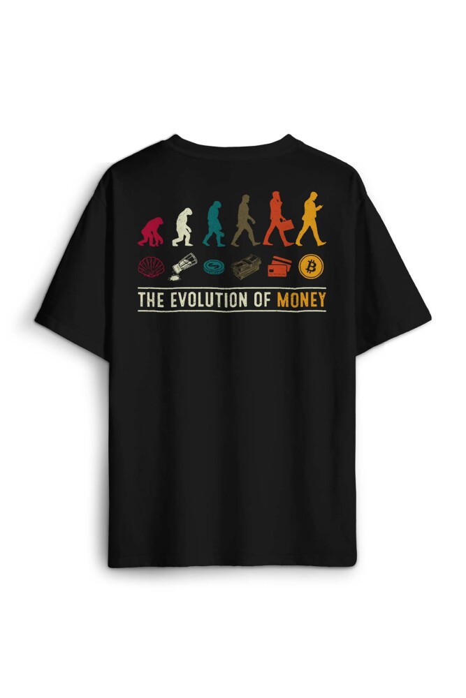 The Evolution Of Money Bitcoin Be Rich Baskılı Oversize T-shirt Siyah Unisex Tişört