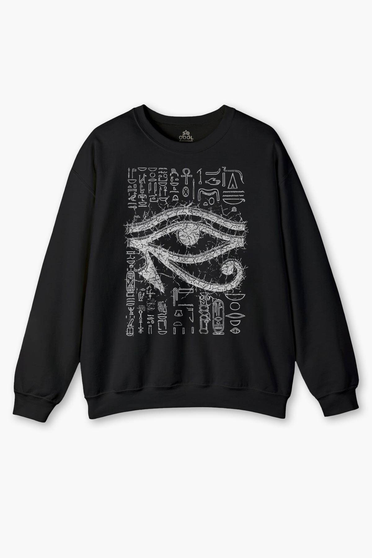 The Eye Of Ra Antik Mısır Ra'ın Gözü Baskılı Unisex Siyah Sweat Bisiklet Yaka Sweatshirt - 1