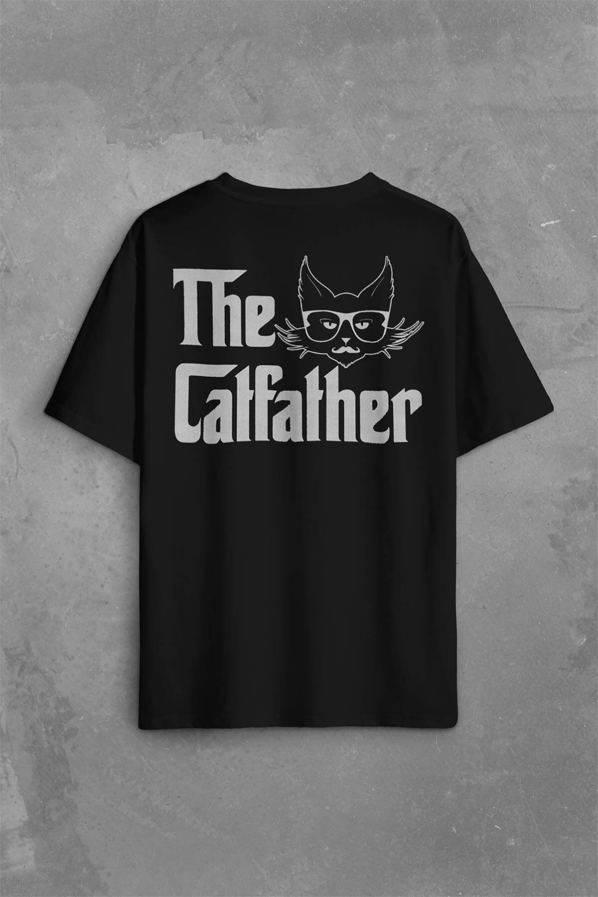The Godfather Cat Father Catfather Baba Kedi Sırt Ön Baskılı Oversize Tişört Unisex T-Shirt - 1