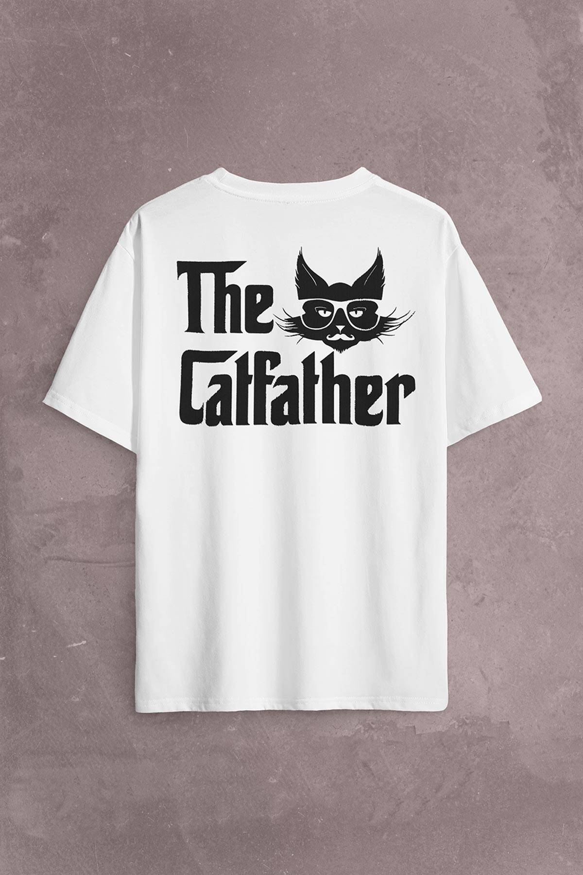 The Godfather Cat Father Catfather Baba Kedi Sırt Ön Baskılı Oversize Tişört Unisex T-Shirt - 1