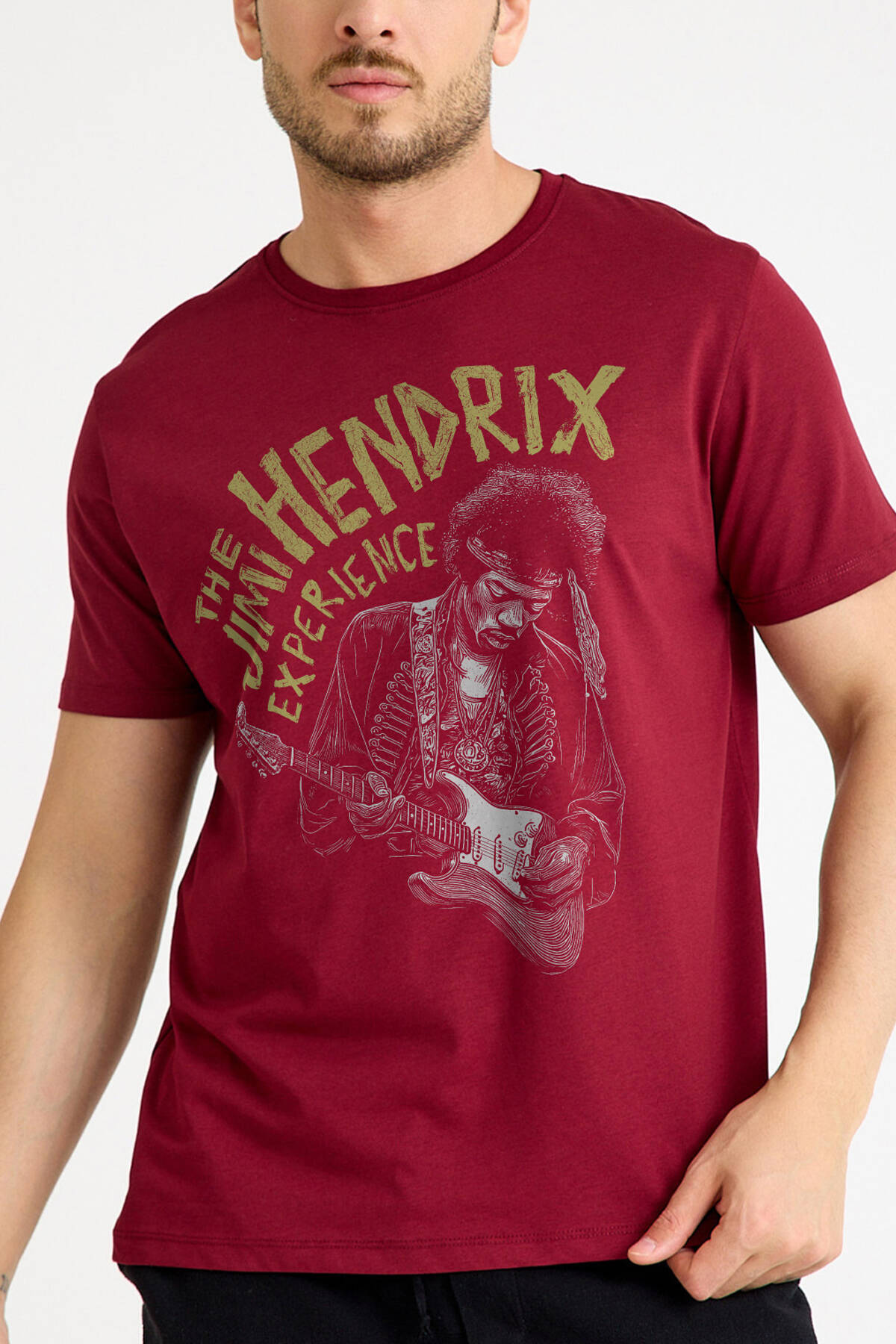 The Jimi Hendrix Experience Blues Rock Guitar Gitar Baskılı Tişört Bordo T-shirt - 1