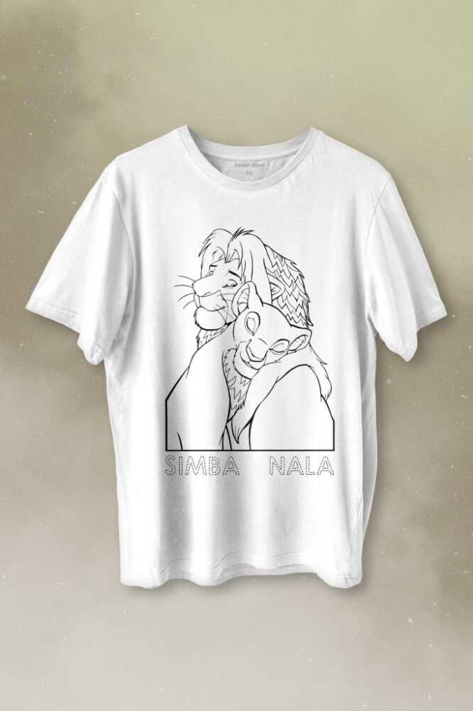 The Lion King Simba And Nala Beyaz Baskılı Tişört Unisex T-shirt - 1