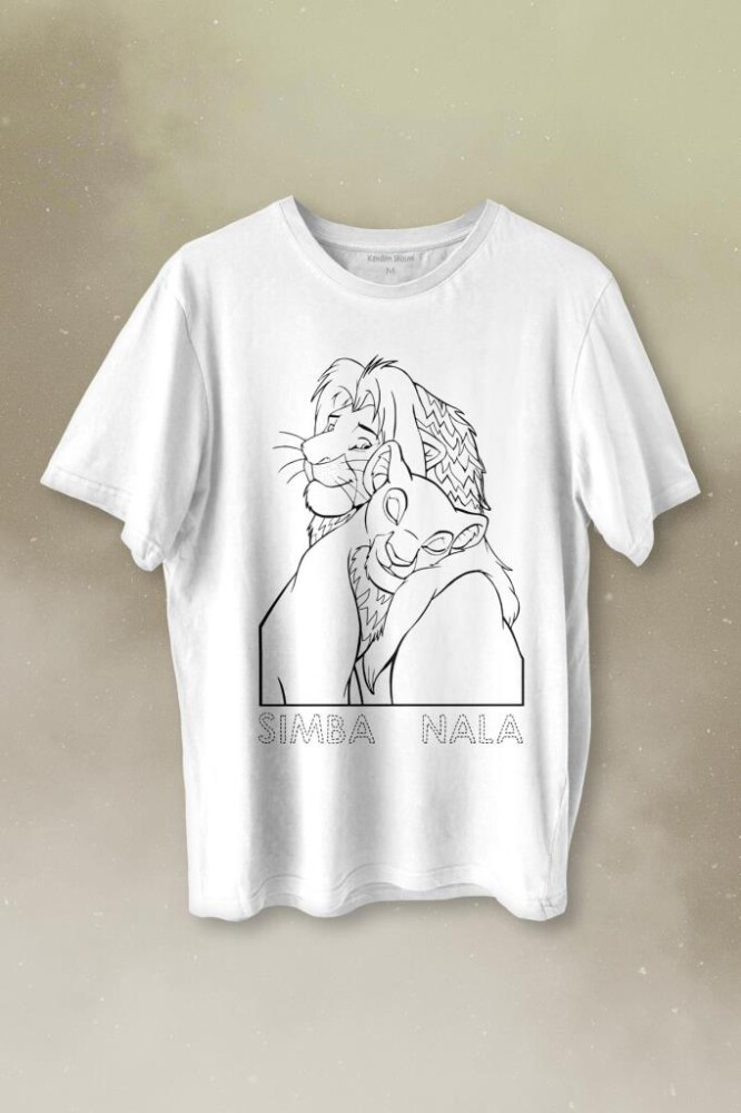 The Lion King Simba And Nala Beyaz Baskılı Tişört Unisex T-shirt - KENDİM SEÇTİM