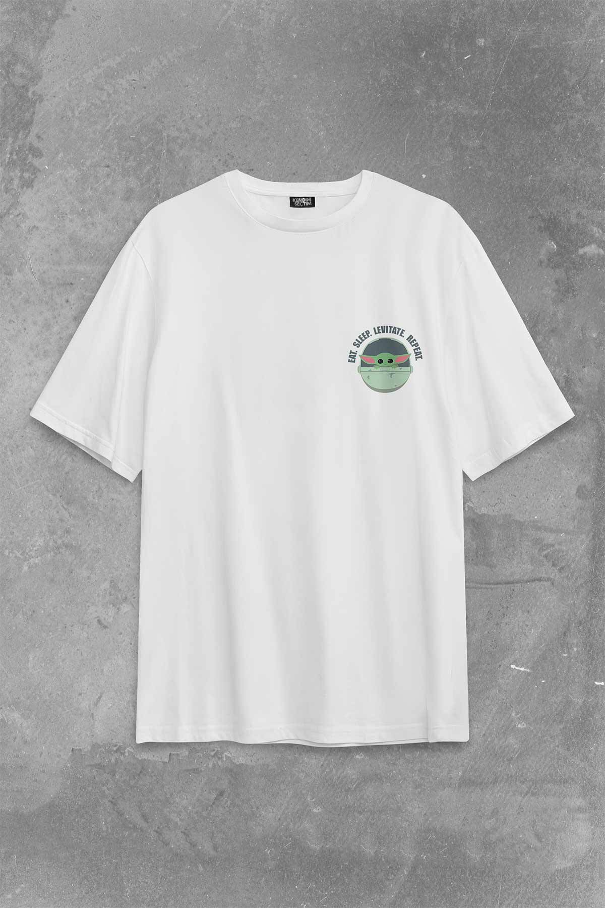 The Mandalorian Bebek Yoda Cep Tasarımı Star Wars Sırt Ön Baskılı Oversize Tişört Unisex T-Shirt (1)