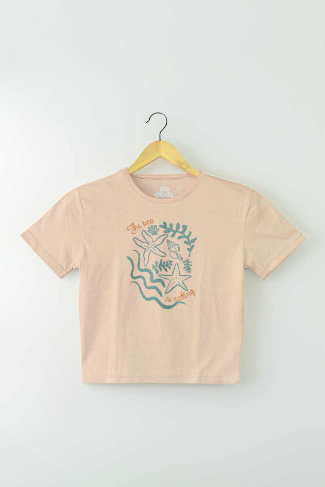 The Sea is Calling Summer Vibe Deniz Güneş Kum Yaz Kadın Tişört Kısa Kollu T-shirt Bej Crop Top - 2