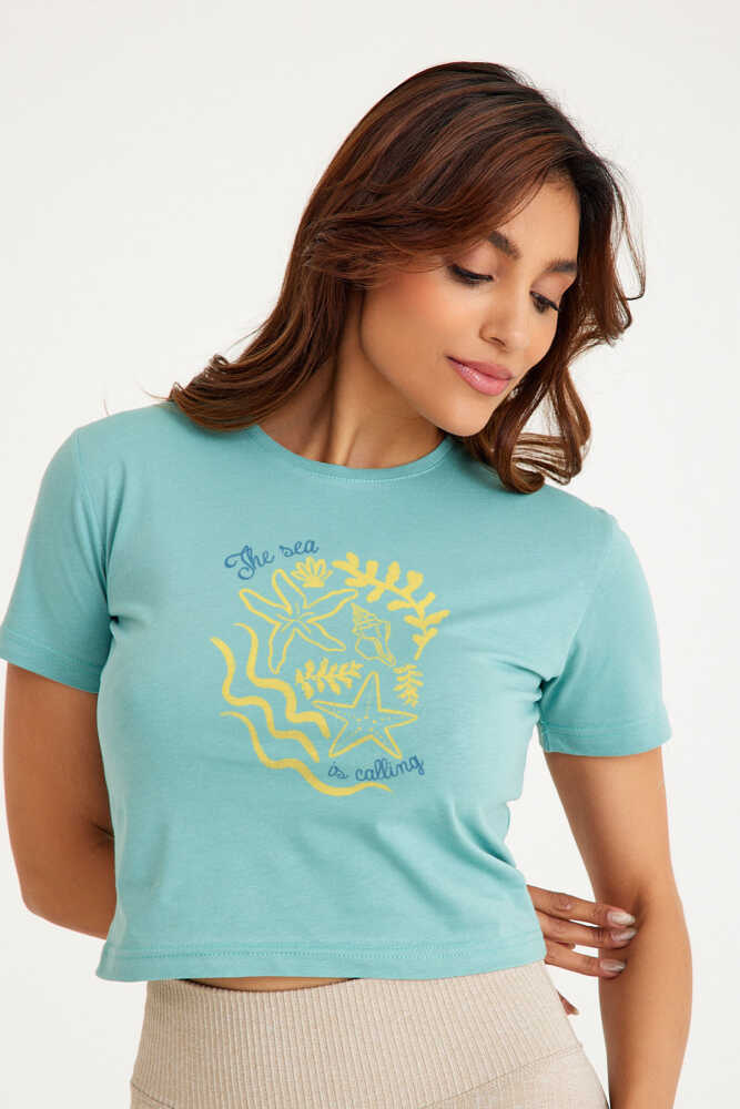 The Sea is Calling Summer Vibe Deniz Güneş Kum Yaz Kadın Tişört Kısa Kollu T-shirt Mint Crop - 1