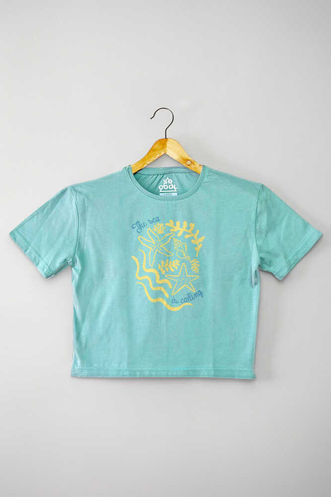 The Sea is Calling Summer Vibe Deniz Güneş Kum Yaz Kadın Tişört Kısa Kollu T-shirt Mint Crop - 2