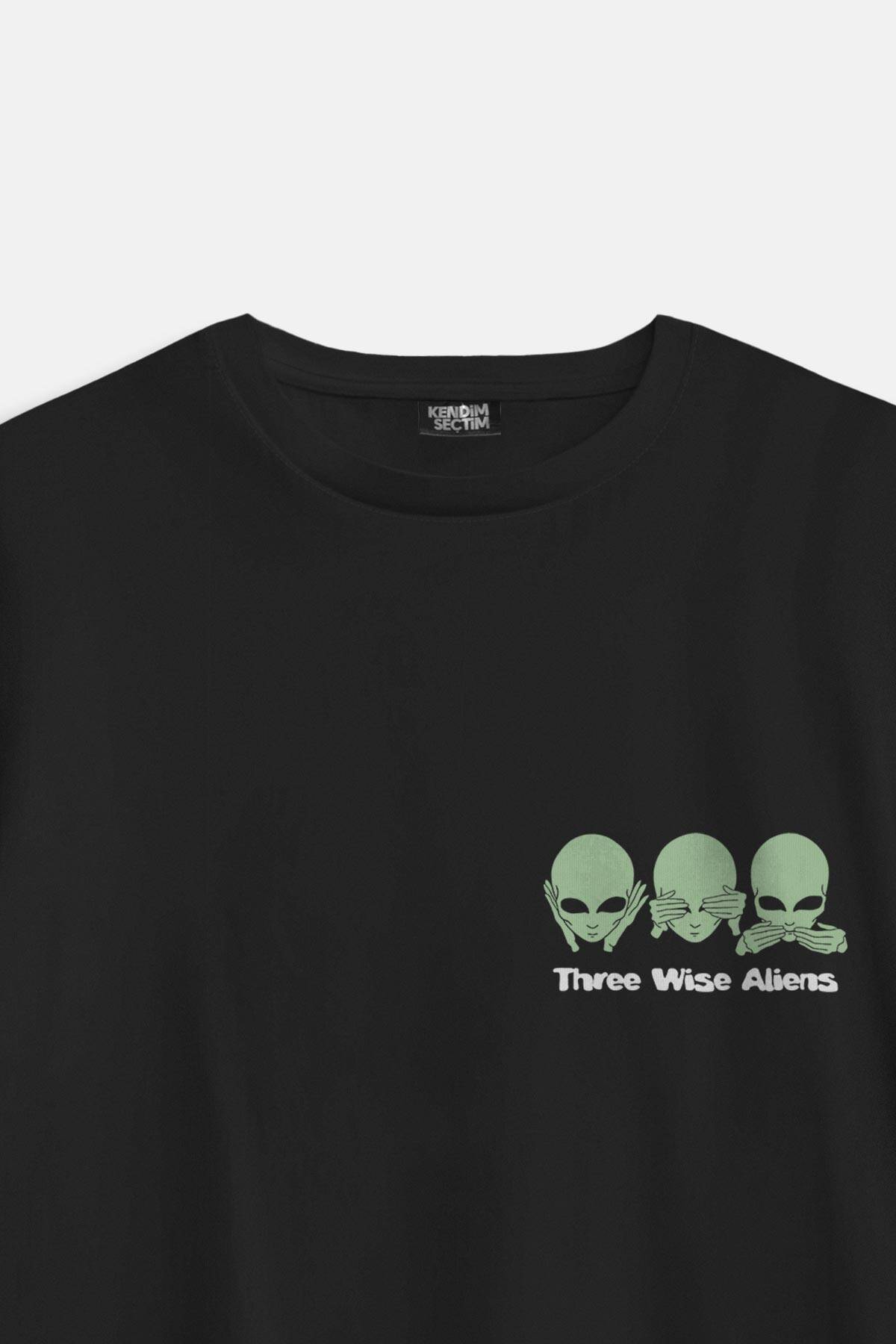 Three Wise Aliens Ufo Mars Uzay Kozmos Minimal Baskılı Siyah Oversize T-shirt - 2