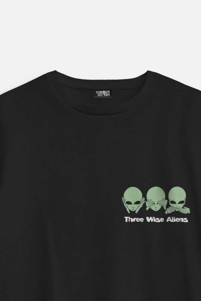 Three Wise Aliens Ufo Mars Uzay Kozmos Minimal Baskılı Siyah Oversize T-shirt (1)