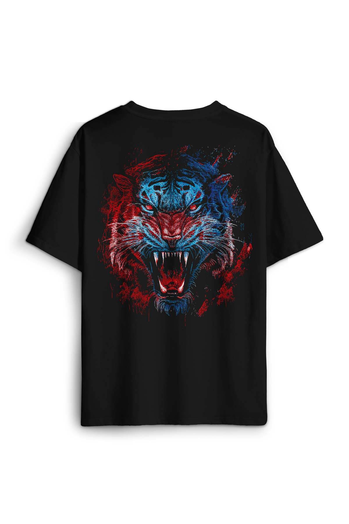 Tiger Bordo Mavi Kaplan Tasarım Baskılı Oversize T-shirt Siyah Unisex Tişört