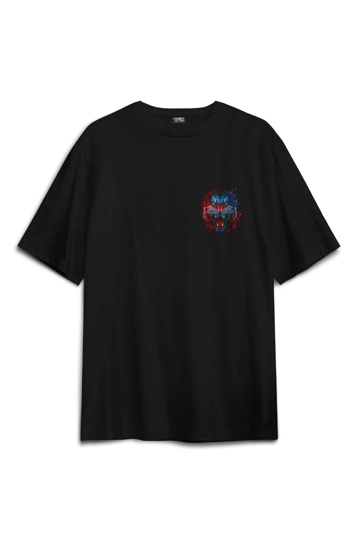 Tiger Bordo Mavi Kaplan Tasarım Baskılı Oversize T-shirt Siyah Unisex Tişört - 2