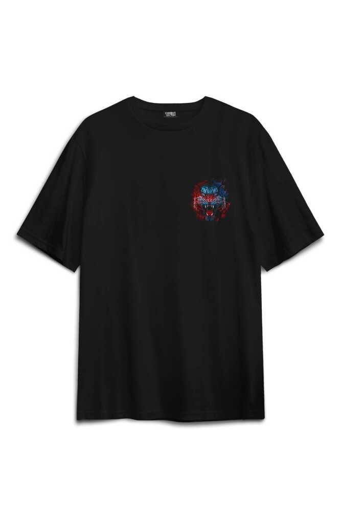 Tiger Bordo Mavi Kaplan Tasarım Baskılı Oversize T-shirt Siyah Unisex Tişört (1)