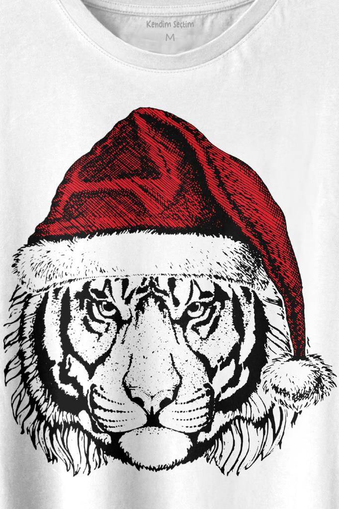 Tiger Wild Cat Kaplan Fesli Noel Şapkalı Yılbaşı Christmas Baskılı Tişört Unisex T-shirt (1)
