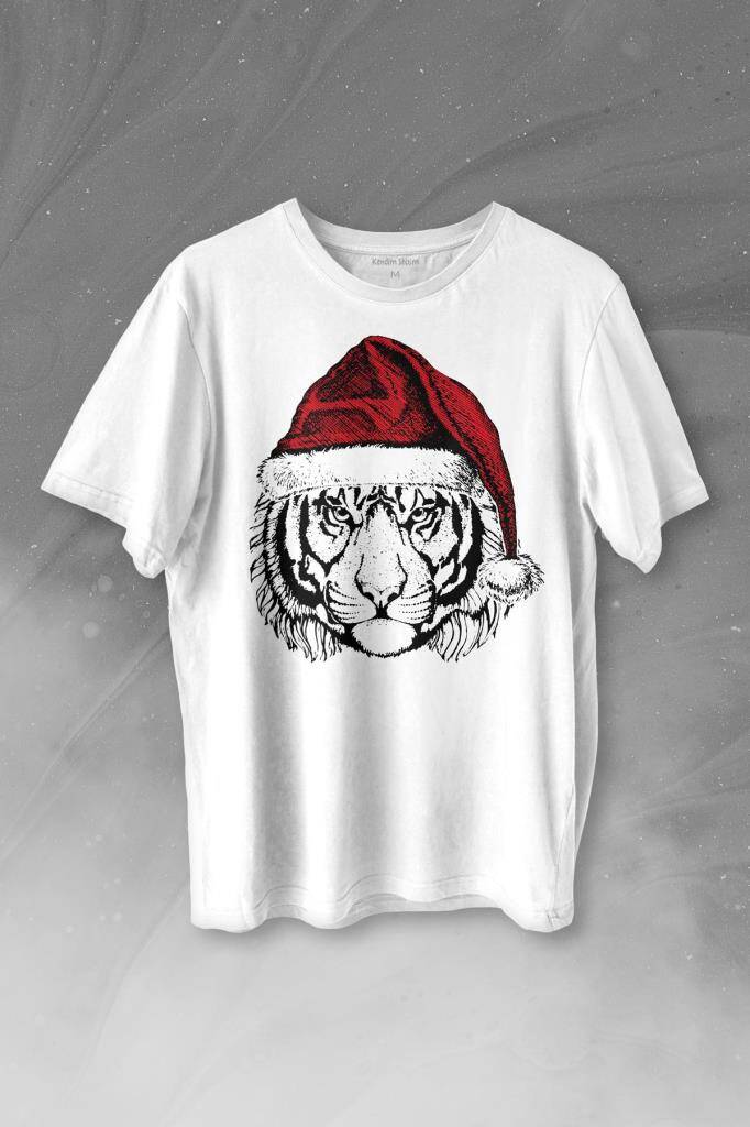 Tiger Wild Cat Kaplan Fesli Noel Şapkalı Yılbaşı Christmas Baskılı Tişört Unisex T-shirt - 1