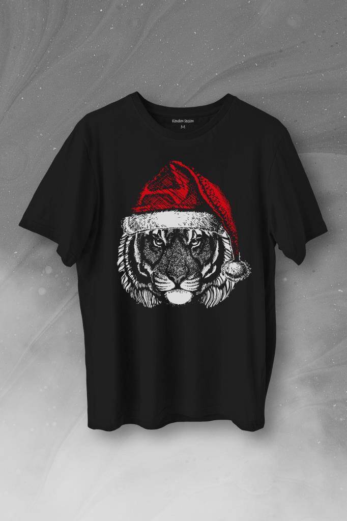 Tiger Wild Cat Kaplan Fesli Noel ŞapkAli Yılbaşı Christmas Baskılı Tişört Unisex T-Shirt - 1