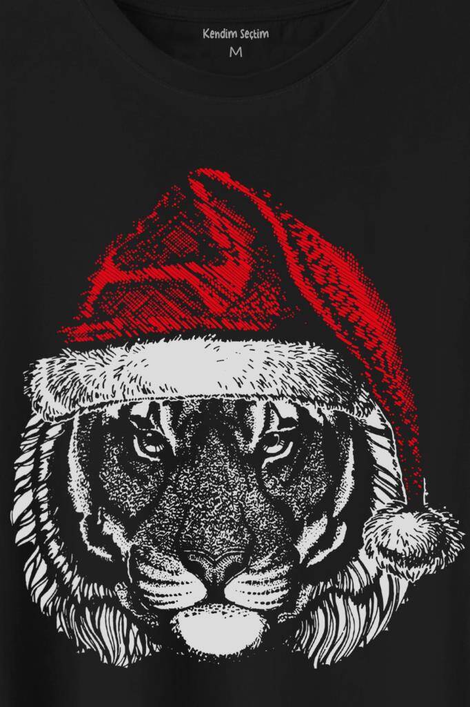 Tiger Wild Cat Kaplan Fesli Noel ŞapkAli Yılbaşı Christmas Baskılı Tişört Unisex T-Shirt - 2