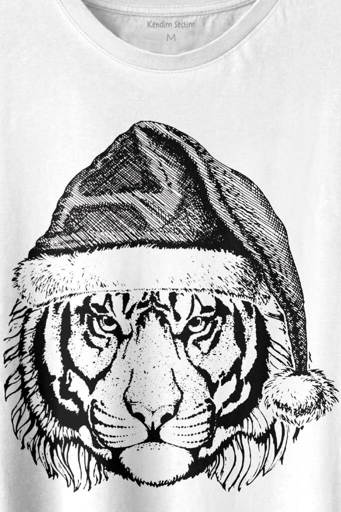 Tiger Wild Cat Kaplan Fesli Noel Yılbaşı Christmas Baskılı Tişört Unisex T-shirt (1)