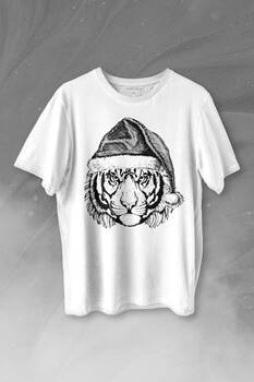 Tiger Wild Cat Kaplan Fesli Noel Yılbaşı Christmas Baskılı Tişört Unisex T-shirt - 1