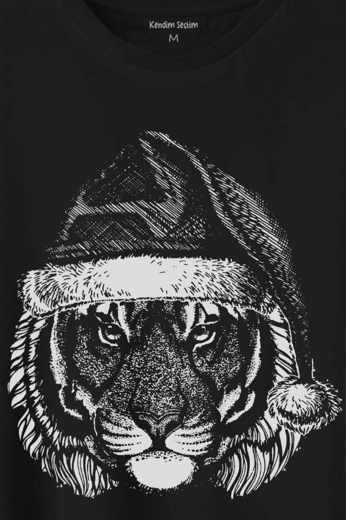 Tiger Wild Cat Kaplan Fesli Noel Yılbaşı Christmas Baskılı Tişört Unisex T-Shirt (1)