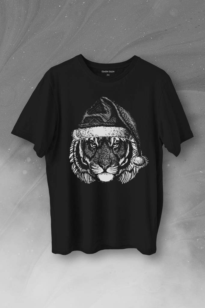 Tiger Wild Cat Kaplan Fesli Noel Yılbaşı Christmas Baskılı Tişört Unisex T-Shirt - 1