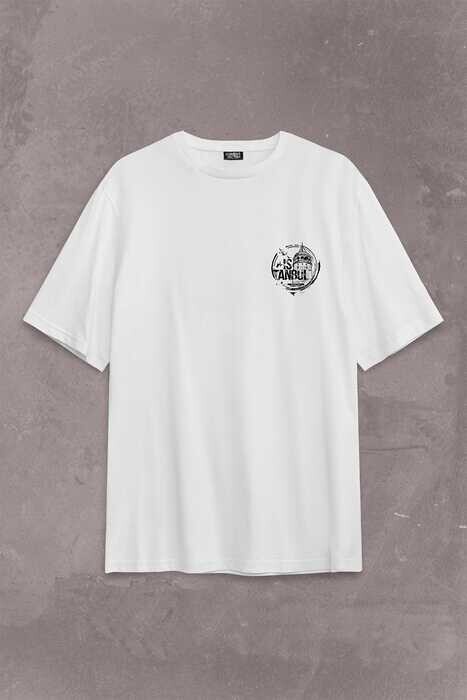 Tipografik İstanbul Silüet Tasarım Martı Sırt Ön Baskılı Oversize Tişört Unisex T-Shirt - 1