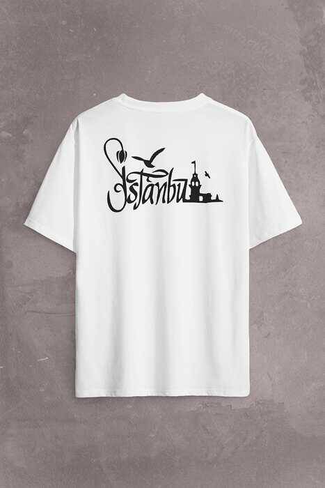 Tipografik İstanbul Silüet Tasarım Martı Sırt Ön Baskılı Oversize Tişört Unisex T-Shirt - 2