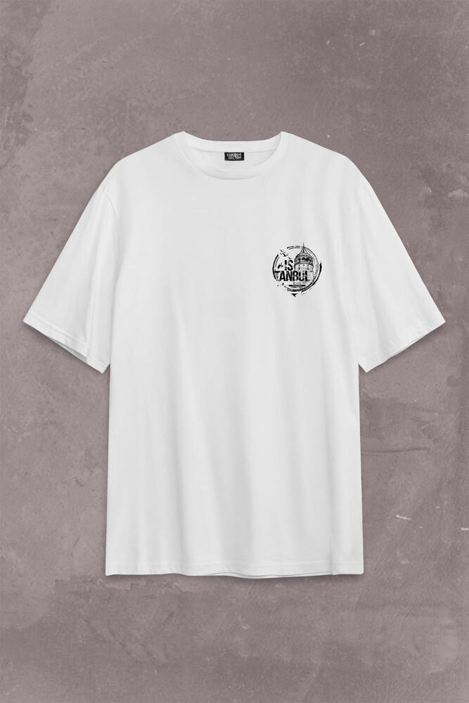 Tipografik İstanbul Silüet Tasarım Martı Sırt Ön Baskılı Oversize Tişört Unisex T-Shirt - 1