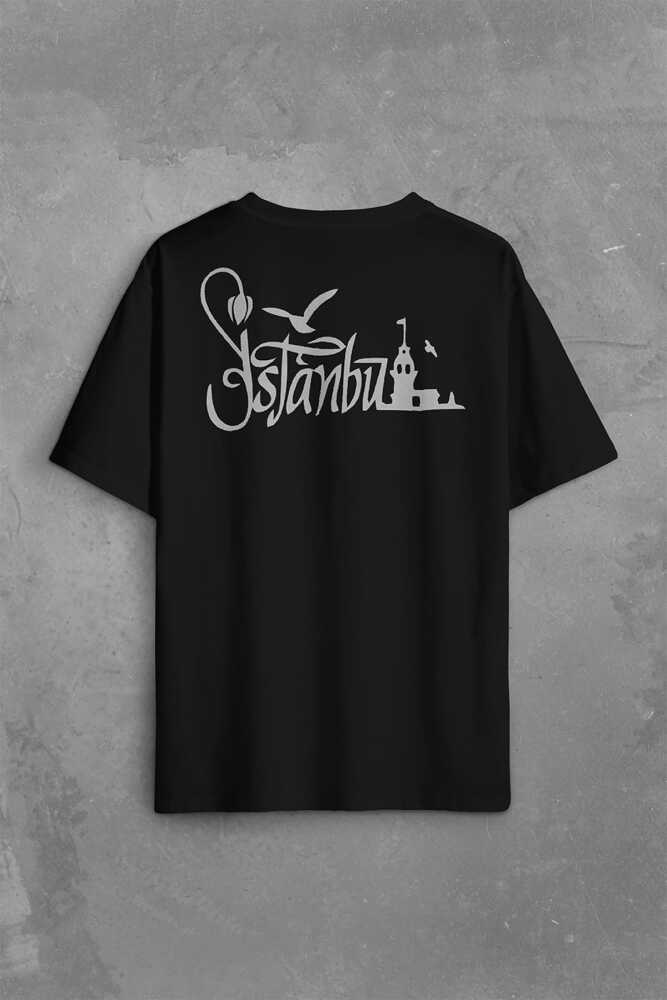 Tipografik İstanbul Silüet Tasarım Martı Sırt Ön Baskılı Oversize Tişört Unisex T-Shirt - 2