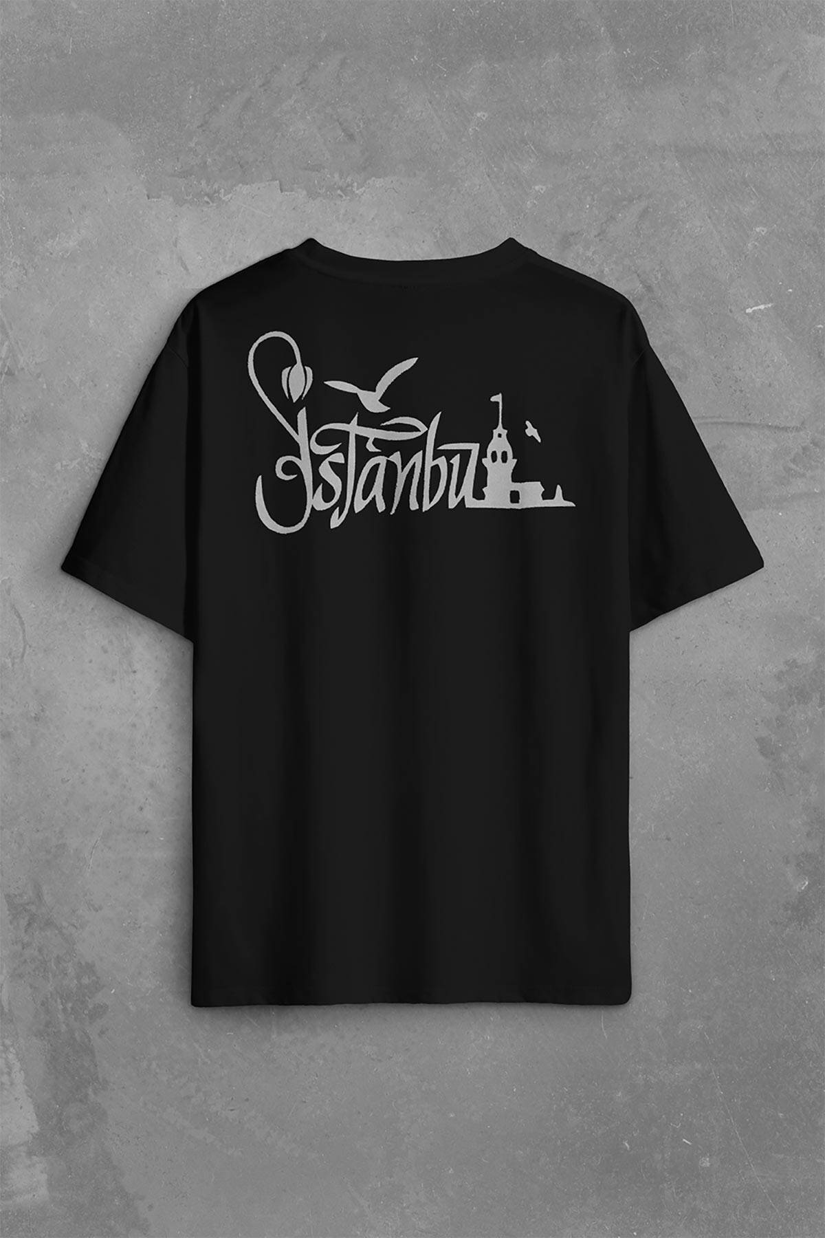 Tipografik İstanbul Silüet Tasarım Martı Sırt Ön Baskılı Oversize Tişört Unisex T-Shirt (1)