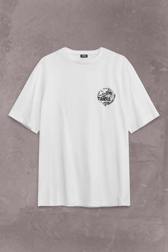 Tipografik İstanbul Silüet Tasarım Martı Sırt Ön Baskılı Oversize Tişört Unisex T-Shirt - 1