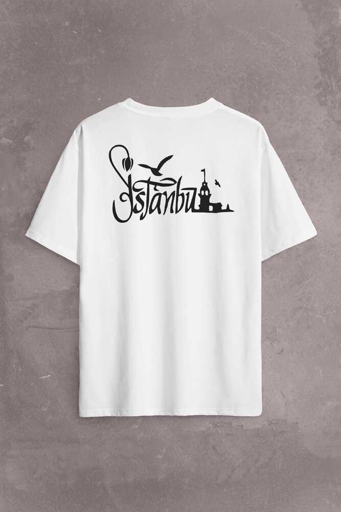 Tipografik İstanbul Silüet Tasarım Martı Sırt Ön Baskılı Oversize Tişört Unisex T-Shirt - 2