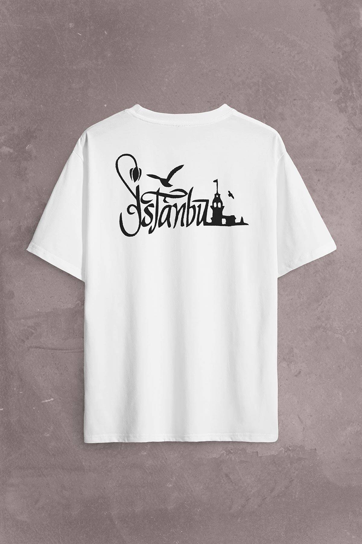 Tipografik İstanbul Silüet Tasarım Martı Sırt Ön Baskılı Oversize Tişört Unisex T-Shirt (1)