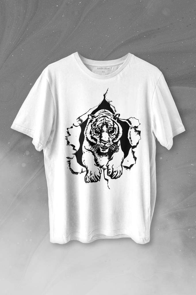 Tişörtün İçinden Çıkan Kaplan Tiger Baskılı Tişört Unisex T-shirt - 1