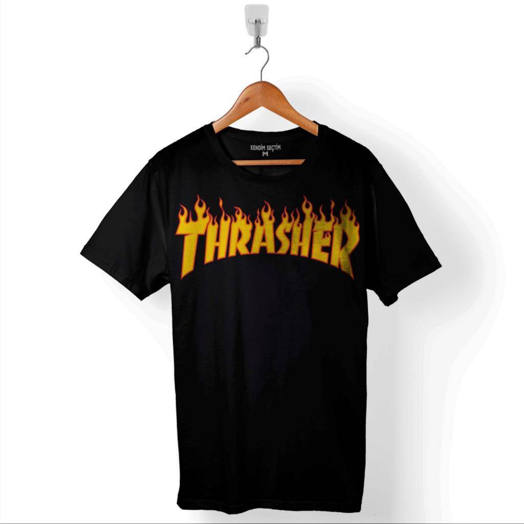Trasher Logo Flame Blaze Skateboard Hip Hop Baskılı Tişört Unisex T-Shirt - 1