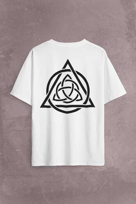 Triquetra Triangle Yaşam Ölüm Yeniden Başlangıç Logo Sırt Ön Baskılı Oversize Tişört Unisex T-Shirt - 2