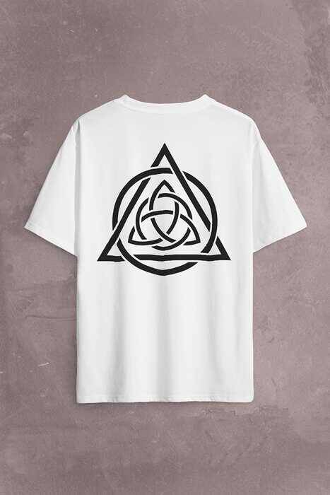 Triquetra Triangle Yaşam Ölüm Yeniden Başlangıç Logo Sırt Ön Baskılı Oversize Tişört Unisex T-Shirt - 2