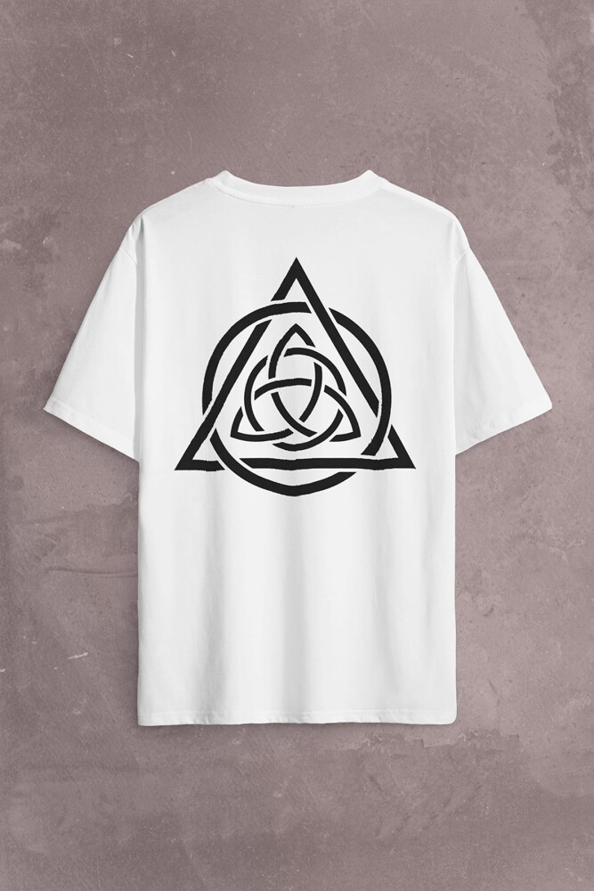 Triquetra Triangle Yaşam Ölüm Yeniden Başlangıç Logo Sırt Ön Baskılı Oversize Tişört Unisex T-Shirt - 2