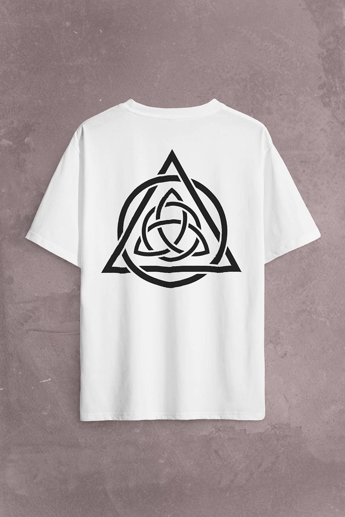 Triquetra Triangle Yaşam Ölüm Yeniden Başlangıç Logo Sırt Ön Baskılı Oversize Tişört Unisex T-Shirt - 2