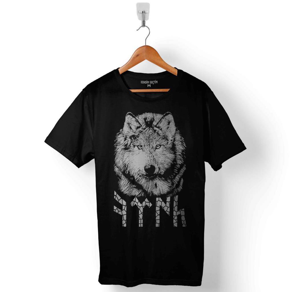 Tsk Göktürkçe Eski Türk Bozkurt Wolf Kurt Hilal Baskılı Tişört Unisex T-Shirt - 1
