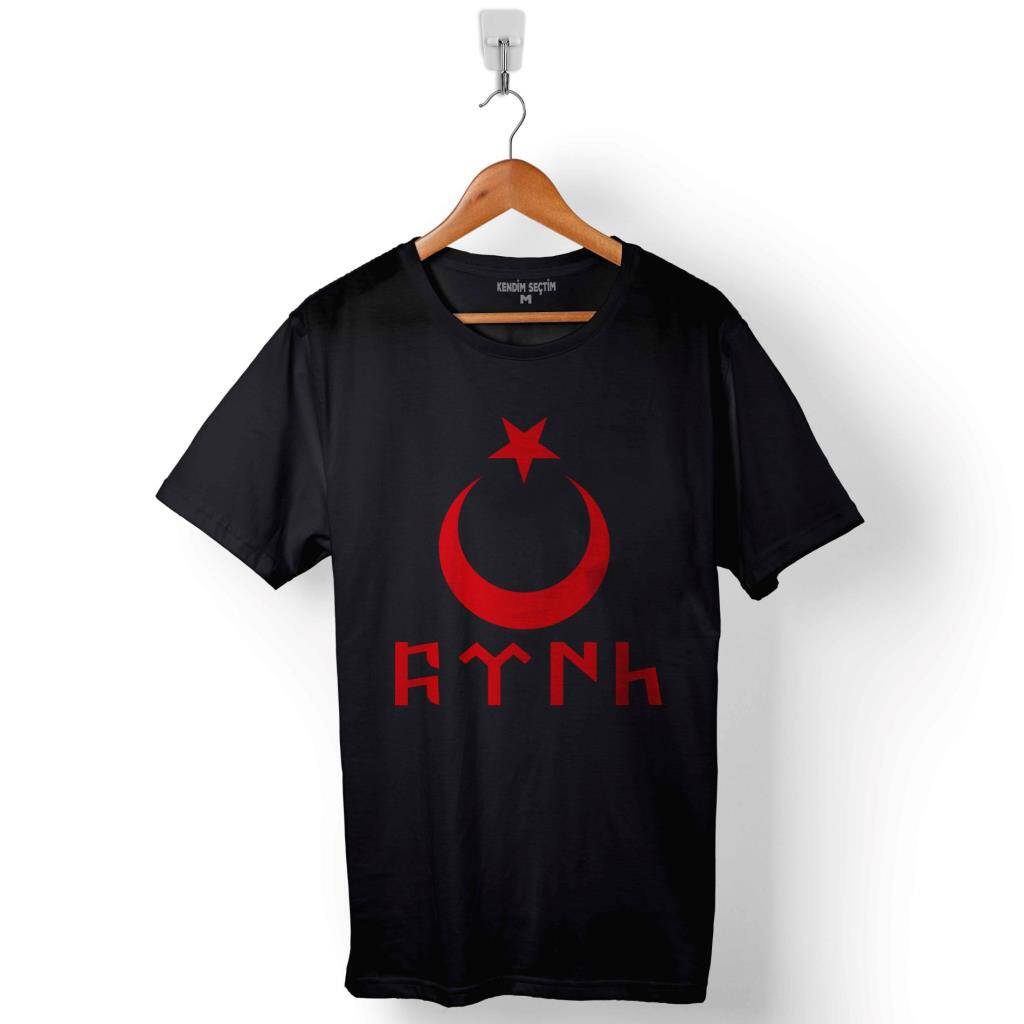 Türk Bayrağı Göktürkçe Ay Yıldız Hilal Baskılı Tişört Unisex T-Shirt - 1