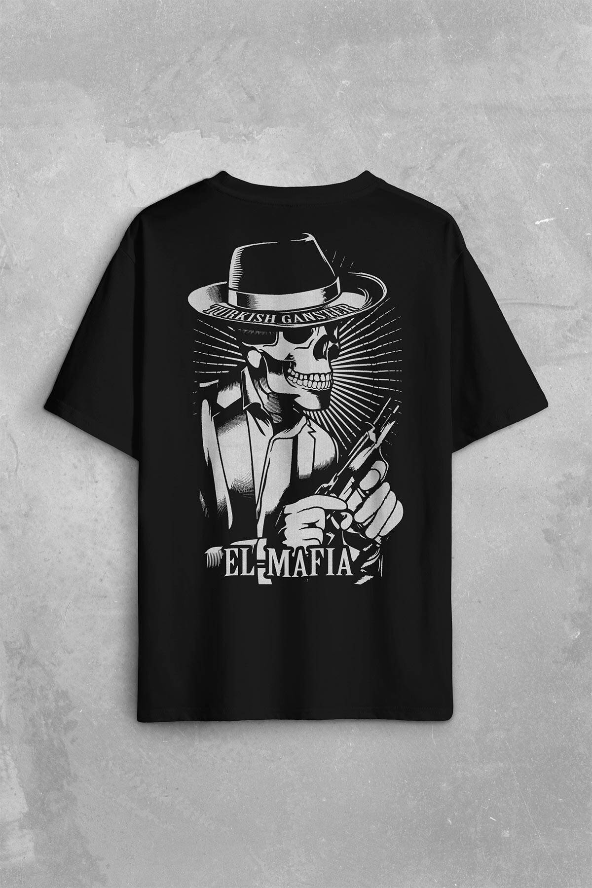 Turkish Ganster El Mafia Mafya Temalı Sırt Ön Baskılı Oversize Tişört Unisex T-Shirt - 1