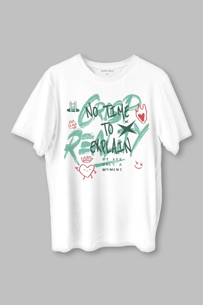 Typography Design Crispy Reality Y2K Grunge Street Grafitti Baskılı Beyaz T-shirt - 1
